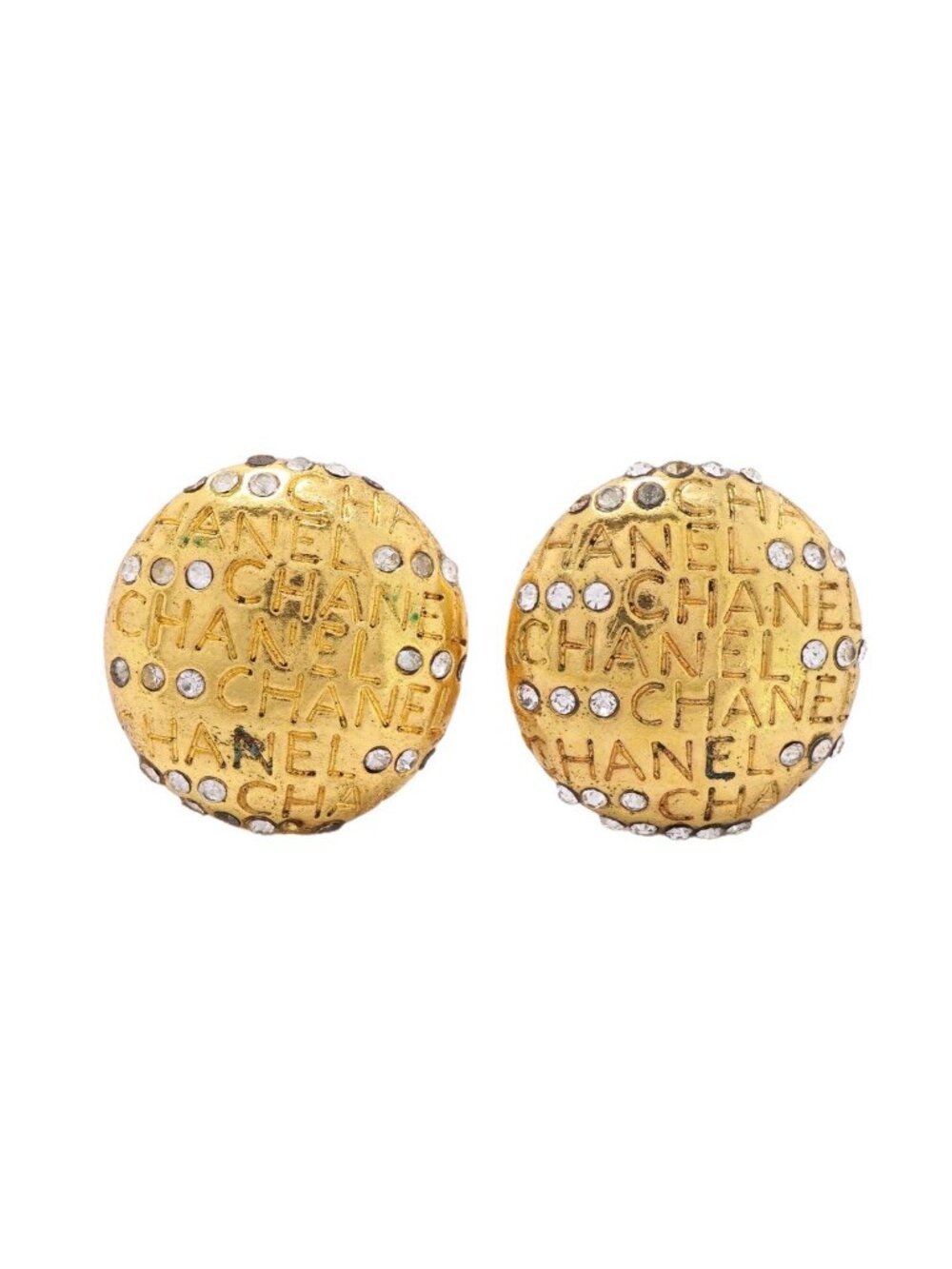 Chanel Earrings Vintage Logo Round Circle Gold Plated Rhinestone